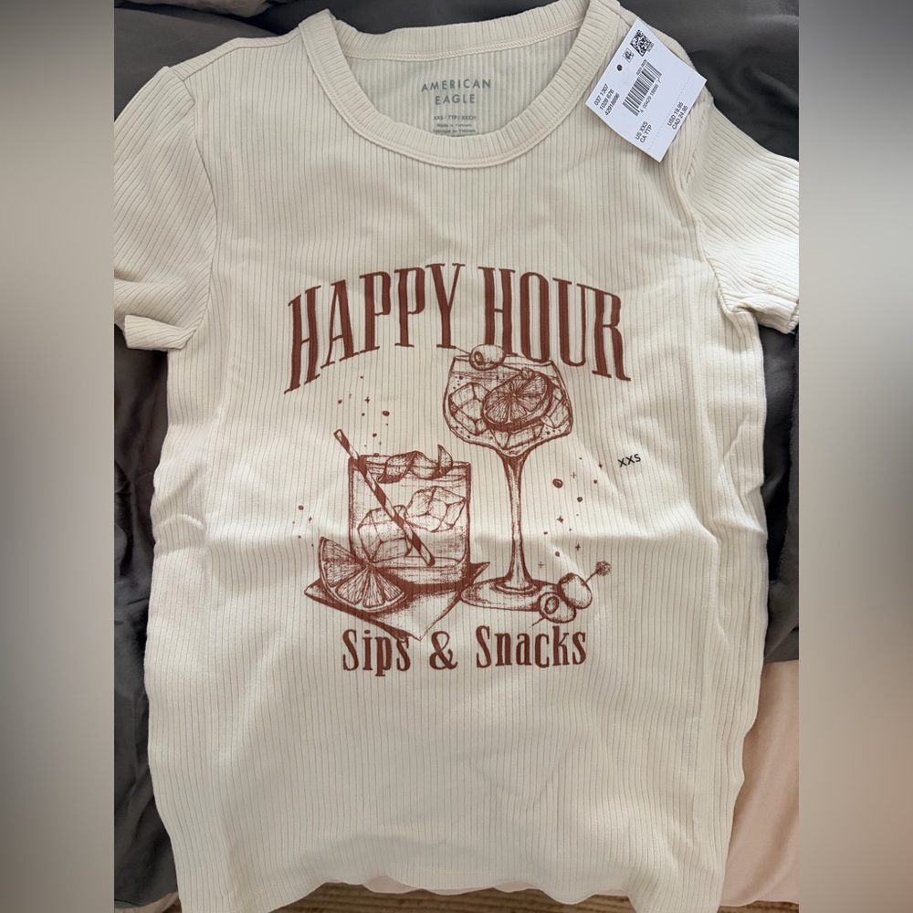 American Eagle Outfitters Cream Ribbed "Happy Hour" Graphic Tee with Brown Print